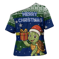 Curacao Christmas Cross Shoulder Shirt with Santa Turtle Ocean Waves Snowflakes and Holiday Gift Design - Wonder Print Shop