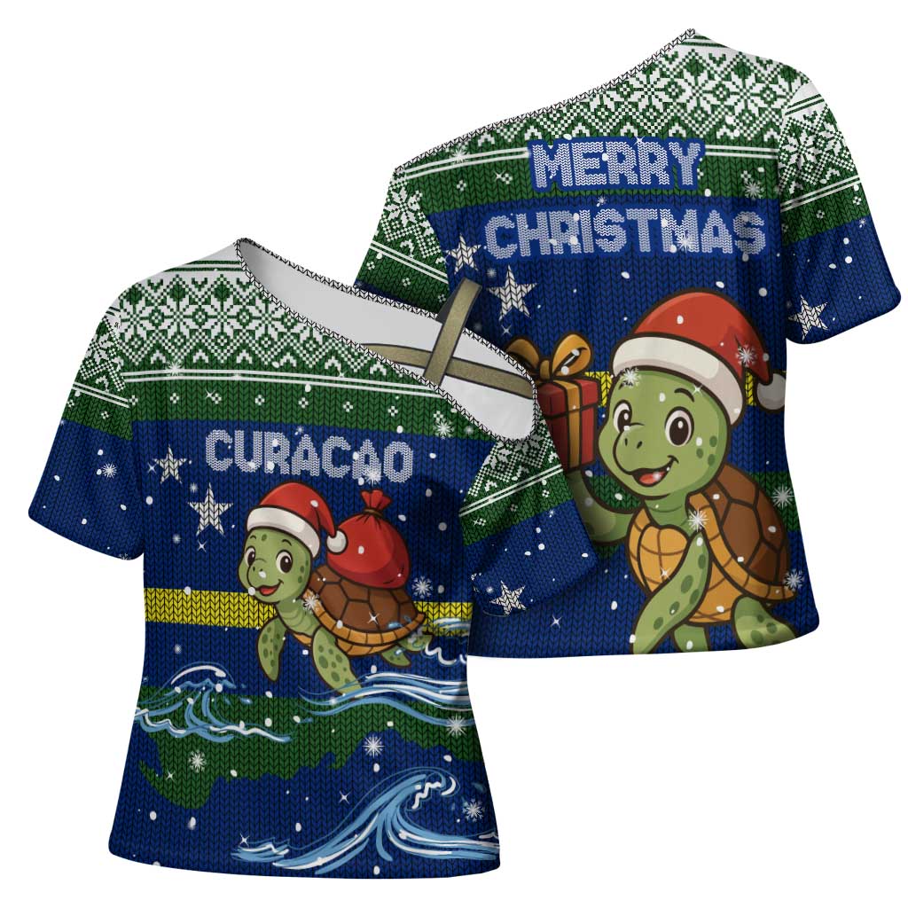 Curacao Christmas Cross Shoulder Shirt with Santa Turtle Ocean Waves Snowflakes and Holiday Gift Design - Wonder Print Shop