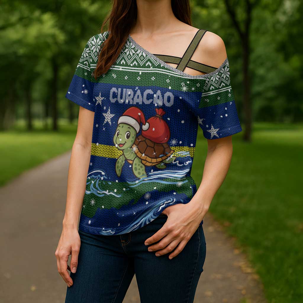 Curacao Christmas Cross Shoulder Shirt with Santa Turtle Ocean Waves Snowflakes and Holiday Gift Design - Wonder Print Shop