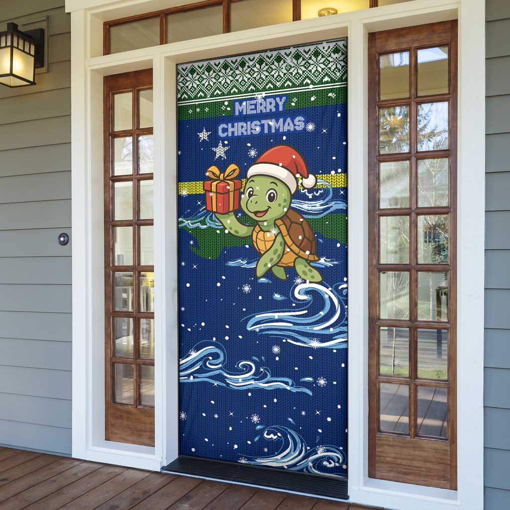 Curacao Christmas Door Cover with Santa Turtle Ocean Waves Snowflakes and Holiday Gift Design - Wonder Print Shop