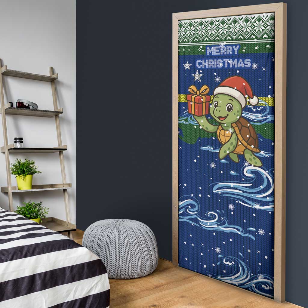 Curacao Christmas Door Cover with Santa Turtle Ocean Waves Snowflakes and Holiday Gift Design - Wonder Print Shop