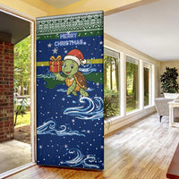 Curacao Christmas Door Cover with Santa Turtle Ocean Waves Snowflakes and Holiday Gift Design - Wonder Print Shop