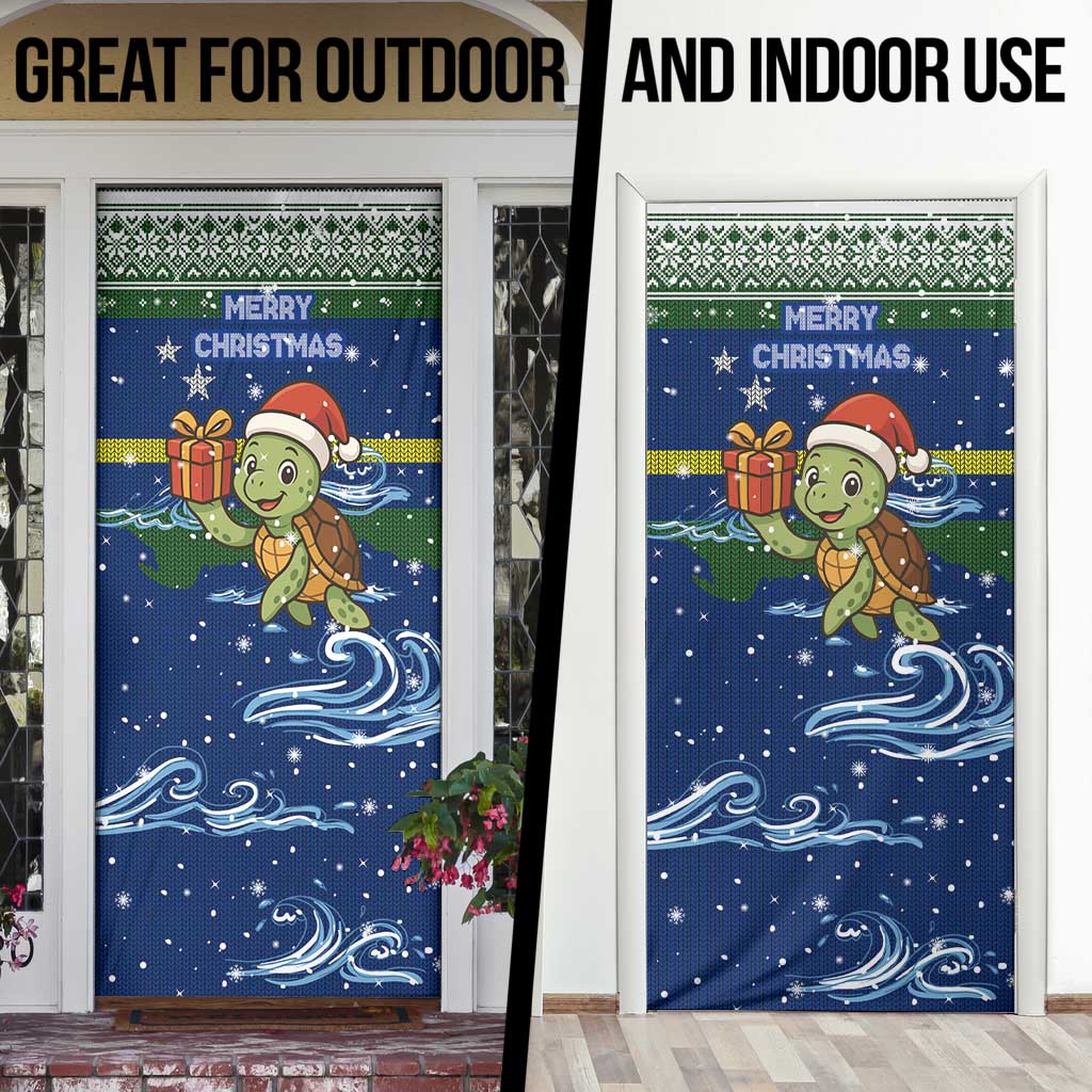 Curacao Christmas Door Cover with Santa Turtle Ocean Waves Snowflakes and Holiday Gift Design - Wonder Print Shop