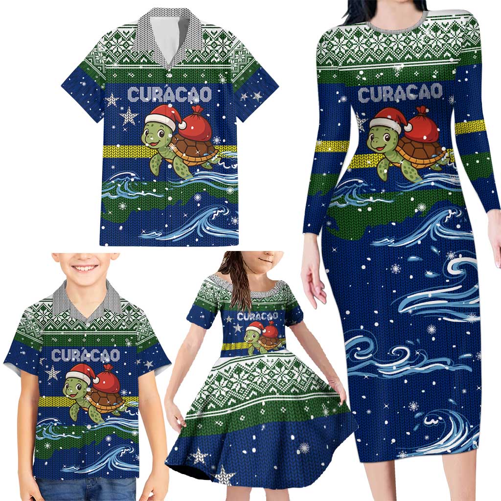 Curacao Christmas Family Matching Long Sleeve Bodycon Dress and Hawaiian Shirt with Santa Turtle Ocean Waves Snowflakes and Holiday Gift Design - Wonder Print Shop