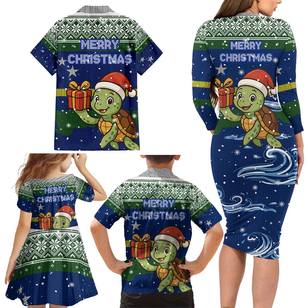 Curacao Christmas Family Matching Long Sleeve Bodycon Dress and Hawaiian Shirt with Santa Turtle Ocean Waves Snowflakes and Holiday Gift Design - Wonder Print Shop