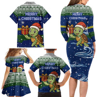 Curacao Christmas Family Matching Long Sleeve Bodycon Dress and Hawaiian Shirt with Santa Turtle Ocean Waves Snowflakes and Holiday Gift Design - Wonder Print Shop