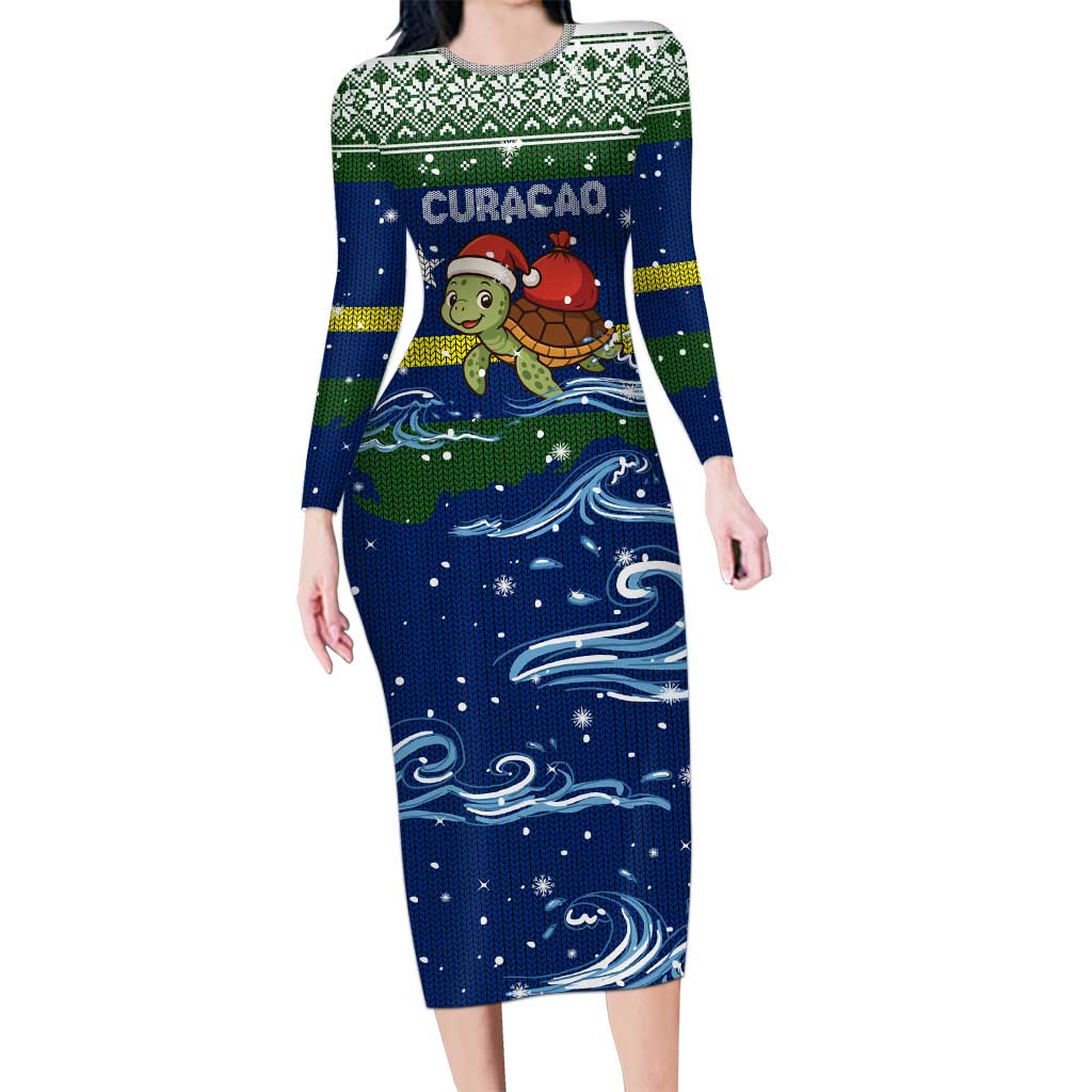 Curacao Christmas Family Matching Long Sleeve Bodycon Dress and Hawaiian Shirt with Santa Turtle Ocean Waves Snowflakes and Holiday Gift Design - Wonder Print Shop