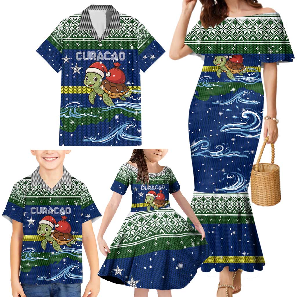 Curacao Christmas Family Matching Mermaid Dress and Hawaiian Shirt with Santa Turtle Ocean Waves Snowflakes and Holiday Gift Design - Wonder Print Shop