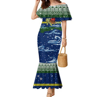 Curacao Christmas Family Matching Mermaid Dress and Hawaiian Shirt with Santa Turtle Ocean Waves Snowflakes and Holiday Gift Design - Wonder Print Shop
