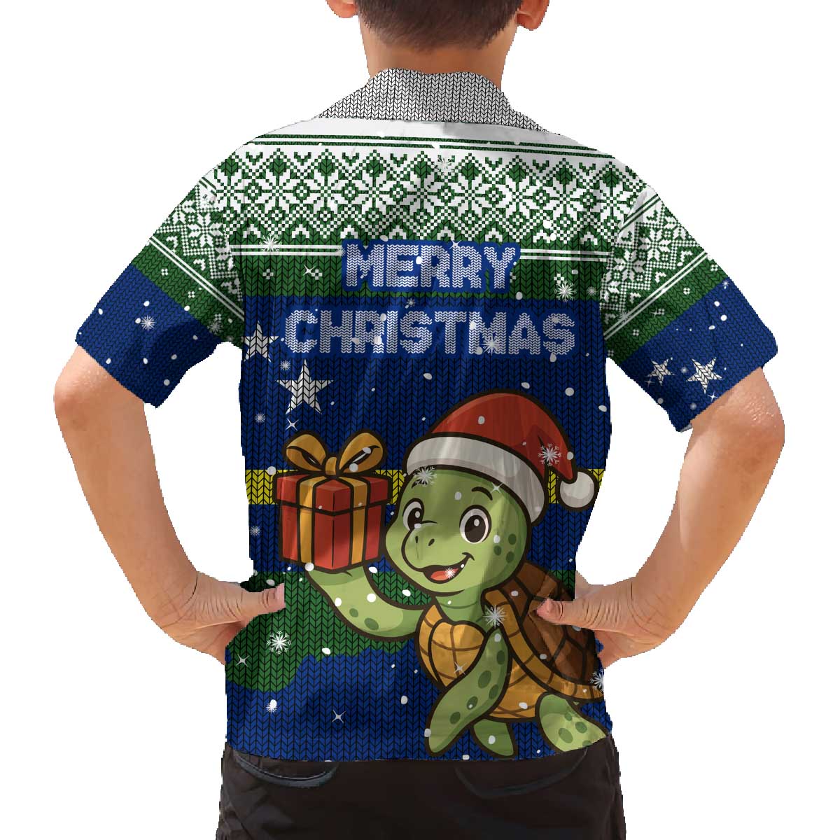 Curacao Christmas Family Matching Off The Shoulder Long Sleeve Dress and Hawaiian Shirt with Santa Turtle Ocean Waves Snowflakes and Holiday Gift Design - Wonder Print Shop