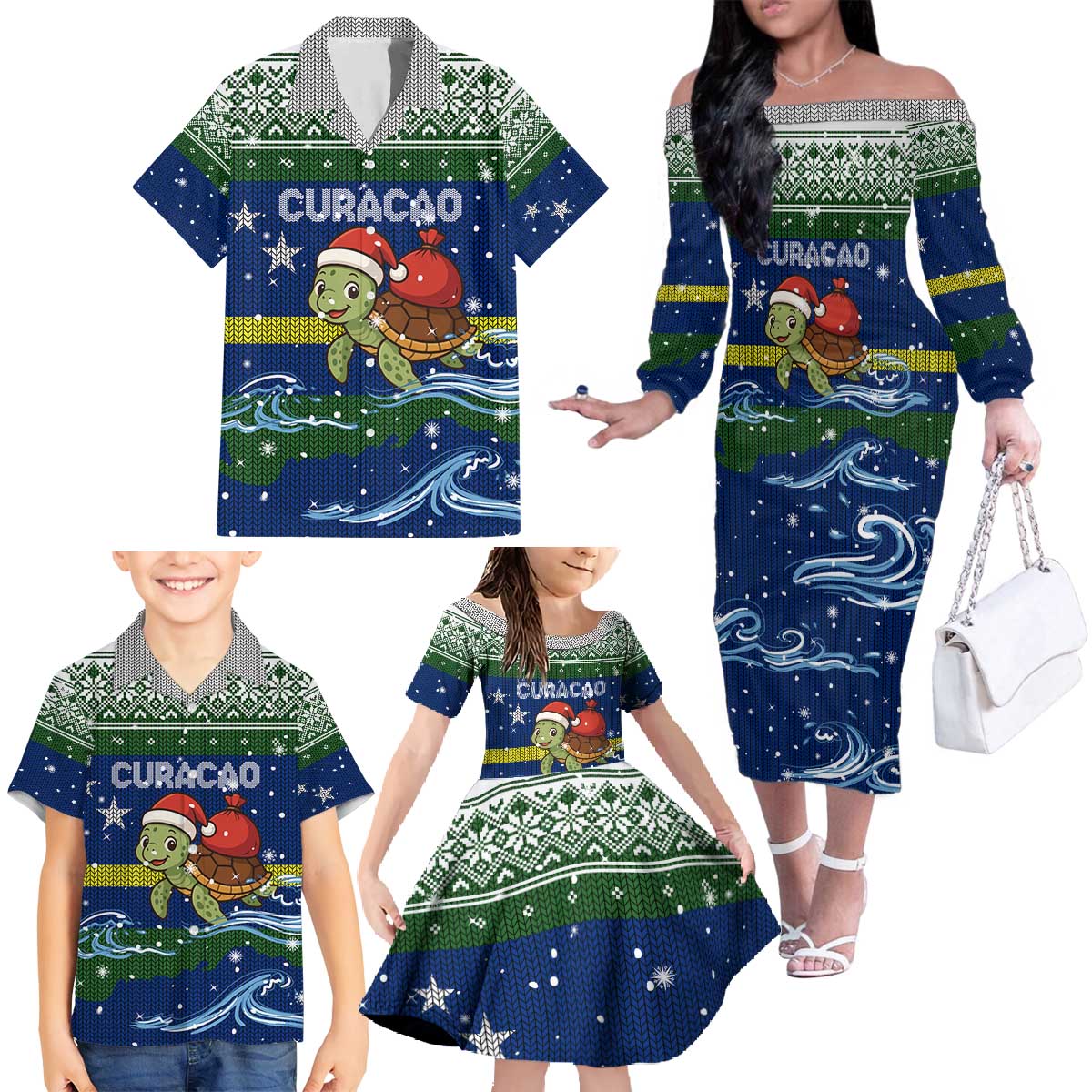 Curacao Christmas Family Matching Off The Shoulder Long Sleeve Dress and Hawaiian Shirt with Santa Turtle Ocean Waves Snowflakes and Holiday Gift Design - Wonder Print Shop