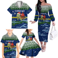 Curacao Christmas Family Matching Off The Shoulder Long Sleeve Dress and Hawaiian Shirt with Santa Turtle Ocean Waves Snowflakes and Holiday Gift Design - Wonder Print Shop