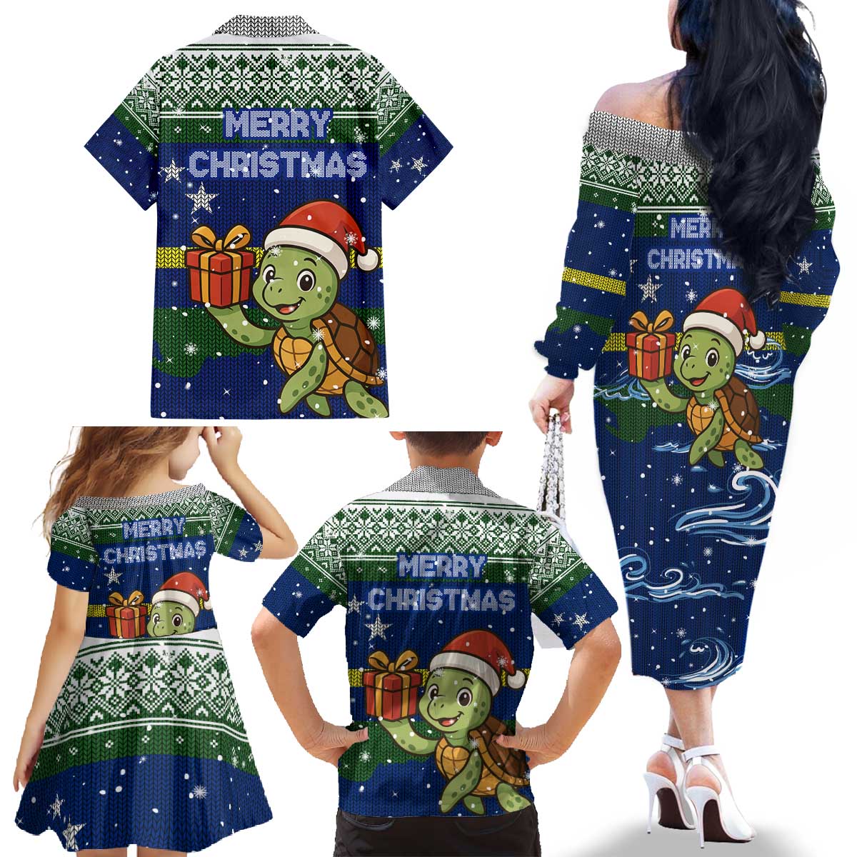 Curacao Christmas Family Matching Off The Shoulder Long Sleeve Dress and Hawaiian Shirt with Santa Turtle Ocean Waves Snowflakes and Holiday Gift Design - Wonder Print Shop