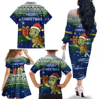 Curacao Christmas Family Matching Off The Shoulder Long Sleeve Dress and Hawaiian Shirt with Santa Turtle Ocean Waves Snowflakes and Holiday Gift Design - Wonder Print Shop