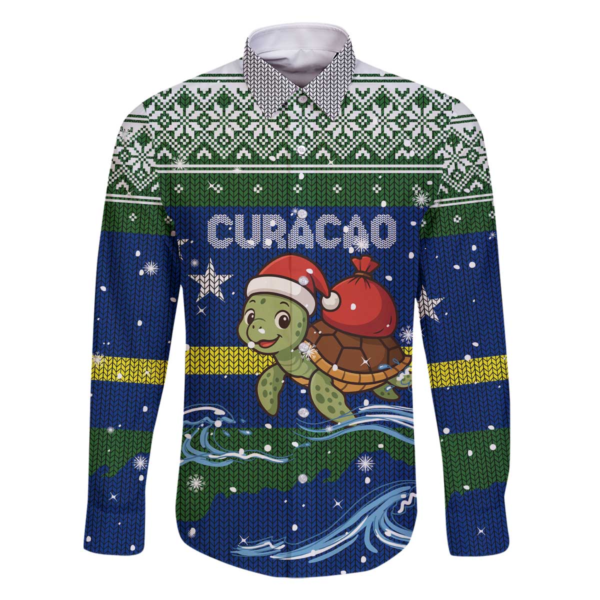 Curacao Christmas Family Matching Off The Shoulder Long Sleeve Dress and Hawaiian Shirt with Santa Turtle Ocean Waves Snowflakes and Holiday Gift Design - Wonder Print Shop