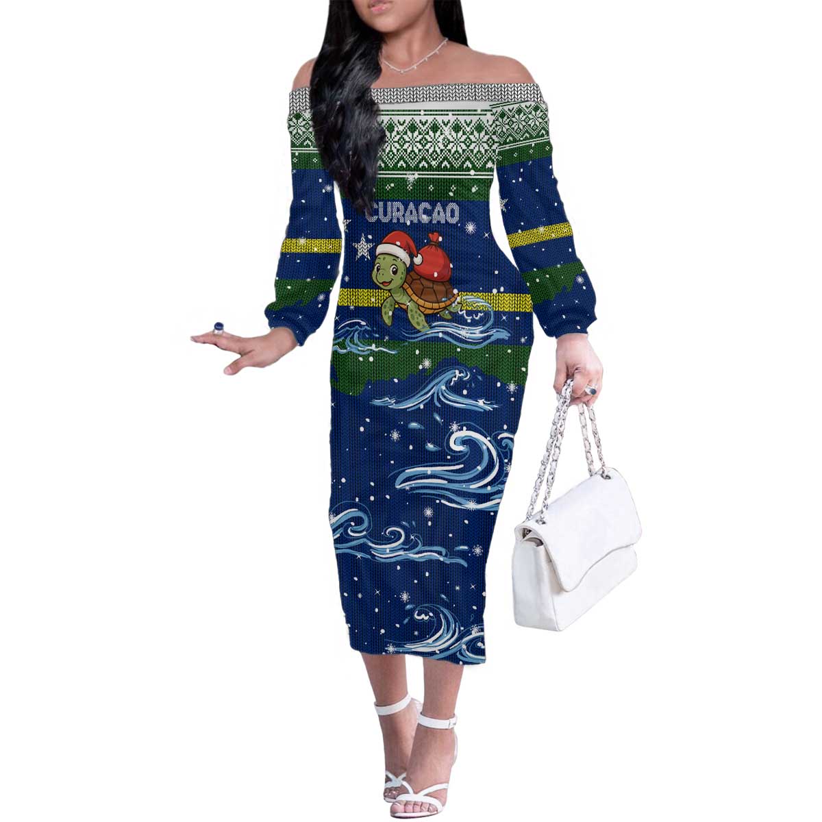 Curacao Christmas Family Matching Off The Shoulder Long Sleeve Dress and Hawaiian Shirt with Santa Turtle Ocean Waves Snowflakes and Holiday Gift Design - Wonder Print Shop