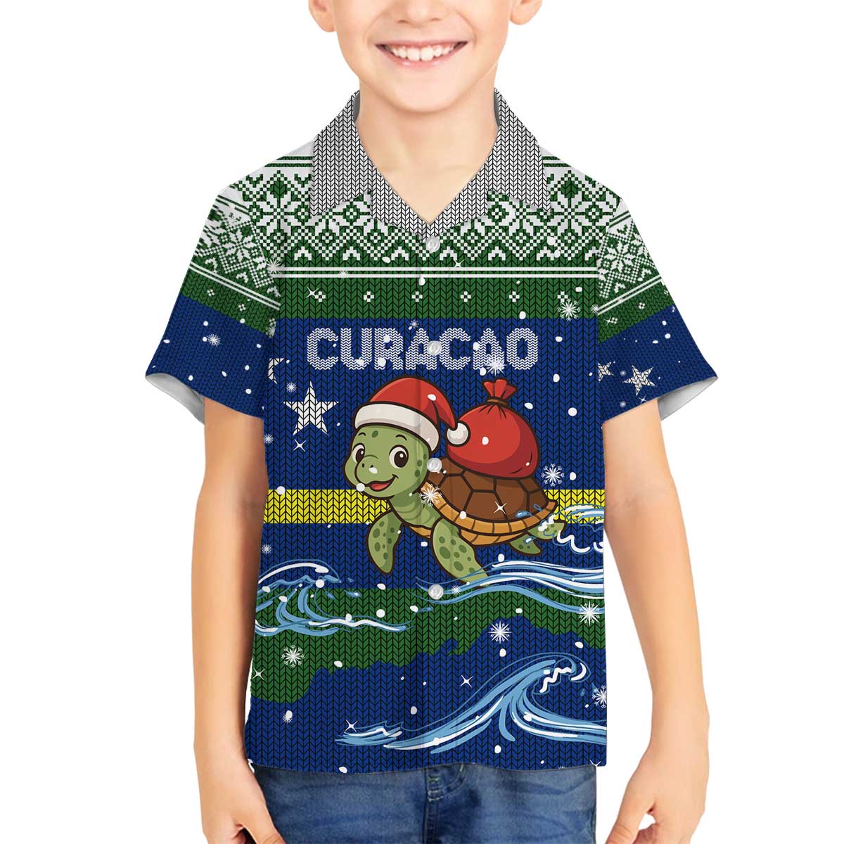 Curacao Christmas Family Matching Off The Shoulder Long Sleeve Dress and Hawaiian Shirt with Santa Turtle Ocean Waves Snowflakes and Holiday Gift Design - Wonder Print Shop