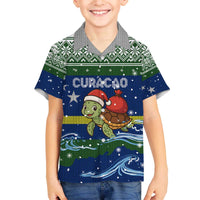 Curacao Christmas Family Matching Off The Shoulder Long Sleeve Dress and Hawaiian Shirt with Santa Turtle Ocean Waves Snowflakes and Holiday Gift Design - Wonder Print Shop