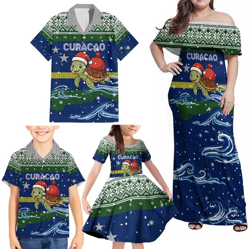 Curacao Christmas Family Matching Off Shoulder Maxi Dress and Hawaiian Shirt with Santa Turtle Ocean Waves Snowflakes and Holiday Gift Design - Wonder Print Shop