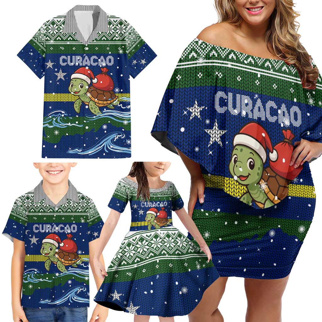 Curacao Christmas Family Matching Off Shoulder Short Dress and Hawaiian Shirt with Santa Turtle Ocean Waves Snowflakes and Holiday Gift Design - Wonder Print Shop