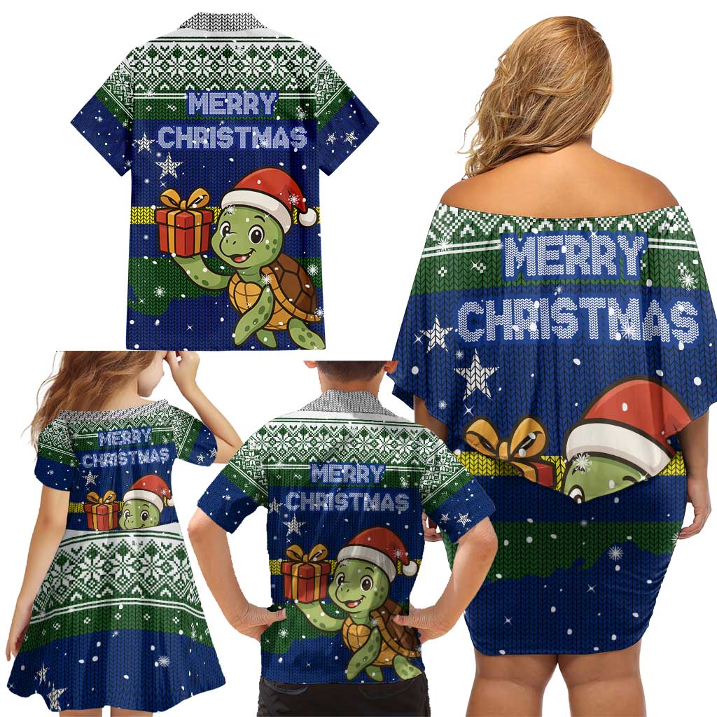 Curacao Christmas Family Matching Off Shoulder Short Dress and Hawaiian Shirt with Santa Turtle Ocean Waves Snowflakes and Holiday Gift Design - Wonder Print Shop