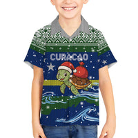 Curacao Christmas Family Matching Off Shoulder Short Dress and Hawaiian Shirt with Santa Turtle Ocean Waves Snowflakes and Holiday Gift Design - Wonder Print Shop