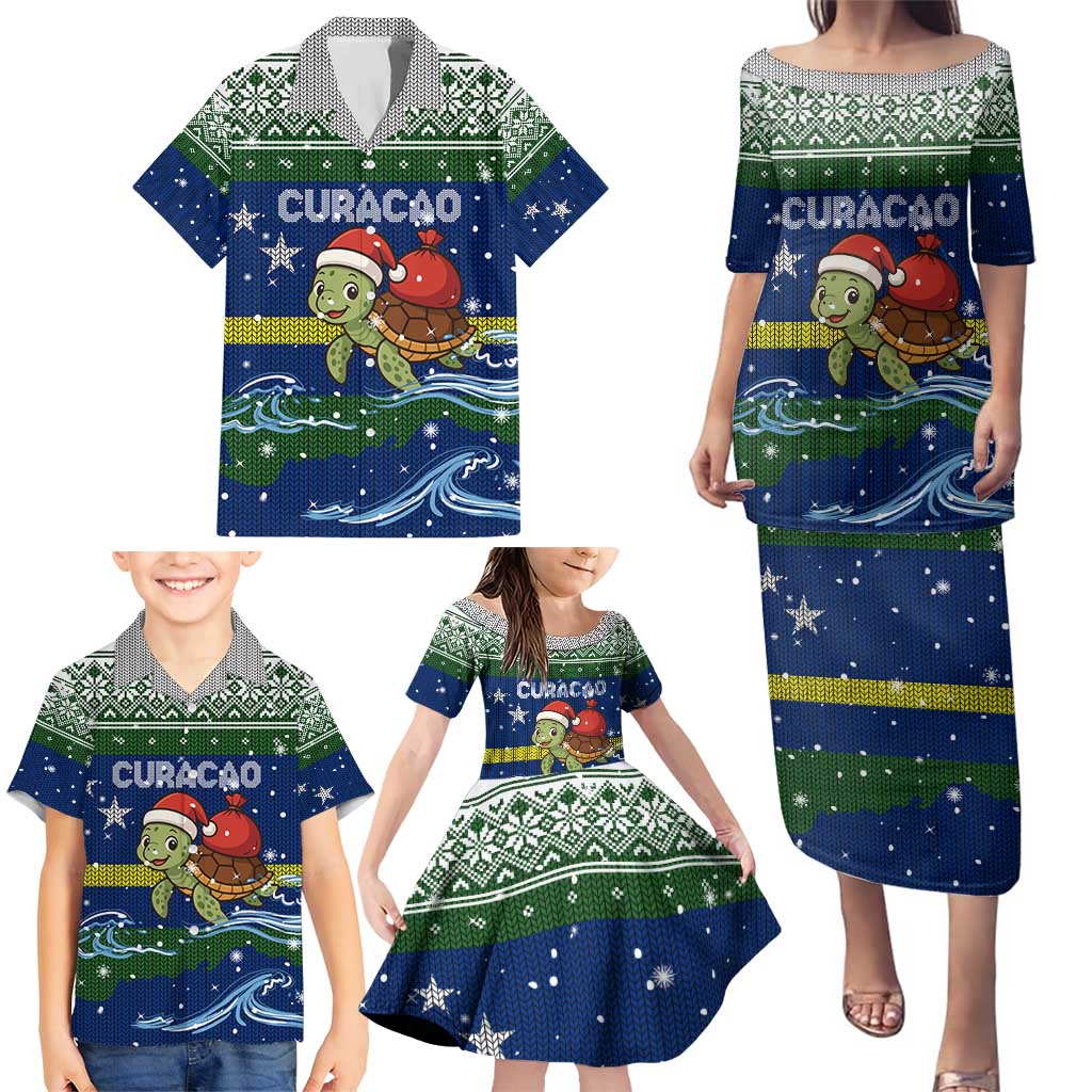 Curacao Christmas Family Matching Puletasi and Hawaiian Shirt with Santa Turtle Ocean Waves Snowflakes and Holiday Gift Design - Wonder Print Shop