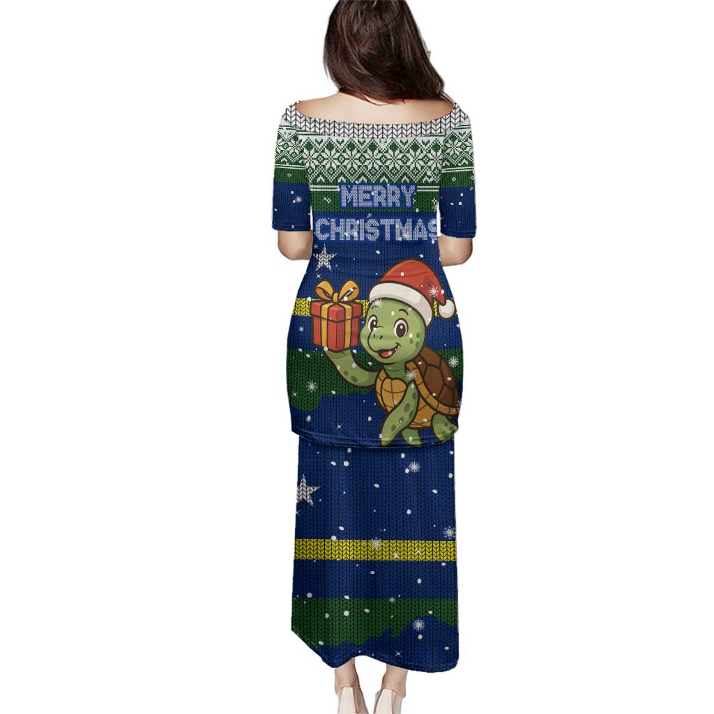 Curacao Christmas Family Matching Puletasi and Hawaiian Shirt with Santa Turtle Ocean Waves Snowflakes and Holiday Gift Design - Wonder Print Shop