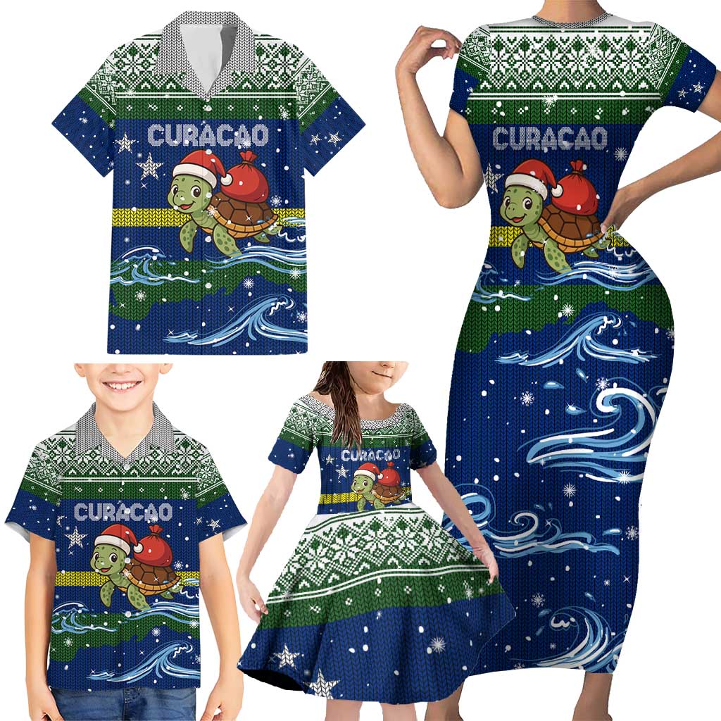 Curacao Christmas Family Matching Short Sleeve Bodycon Dress and Hawaiian Shirt with Santa Turtle Ocean Waves Snowflakes and Holiday Gift Design - Wonder Print Shop