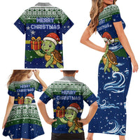 Curacao Christmas Family Matching Short Sleeve Bodycon Dress and Hawaiian Shirt with Santa Turtle Ocean Waves Snowflakes and Holiday Gift Design - Wonder Print Shop