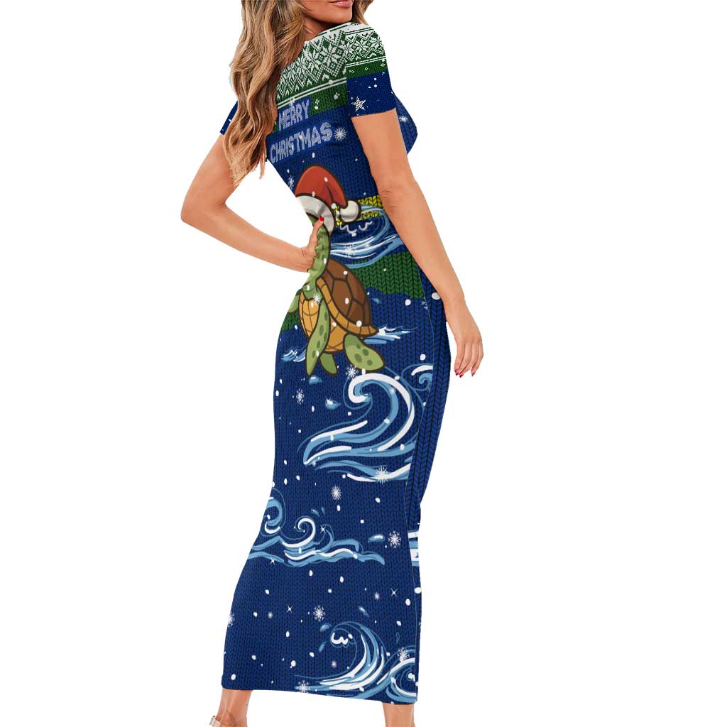 Curacao Christmas Family Matching Short Sleeve Bodycon Dress and Hawaiian Shirt with Santa Turtle Ocean Waves Snowflakes and Holiday Gift Design - Wonder Print Shop