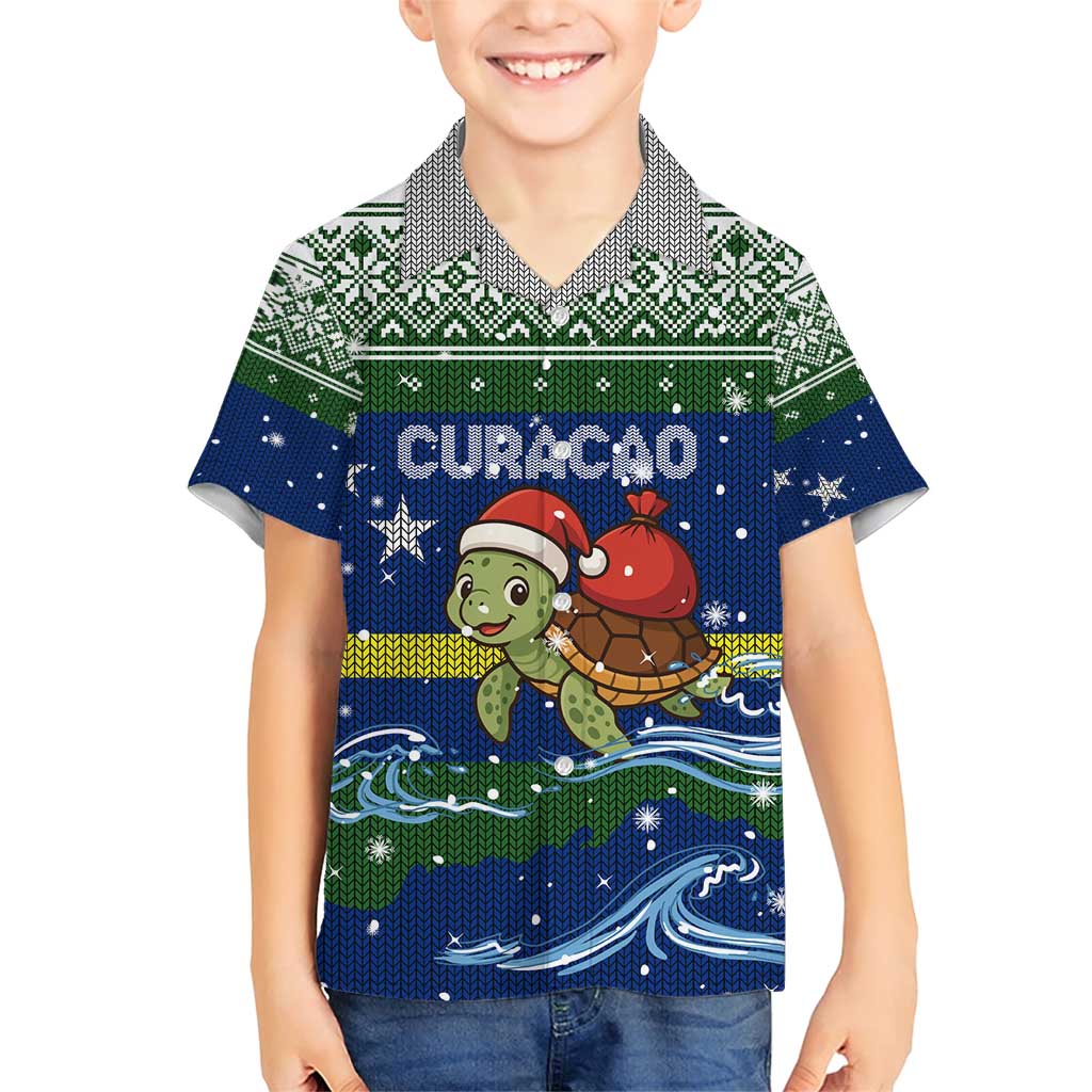 Curacao Christmas Family Matching Short Sleeve Bodycon Dress and Hawaiian Shirt with Santa Turtle Ocean Waves Snowflakes and Holiday Gift Design - Wonder Print Shop