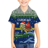 Curacao Christmas Family Matching Short Sleeve Bodycon Dress and Hawaiian Shirt with Santa Turtle Ocean Waves Snowflakes and Holiday Gift Design - Wonder Print Shop