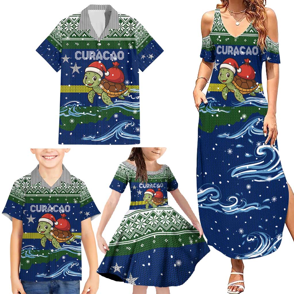 Curacao Christmas Family Matching Summer Maxi Dress and Hawaiian Shirt with Santa Turtle Ocean Waves Snowflakes and Holiday Gift Design - Wonder Print Shop