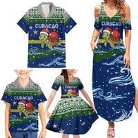 Curacao Christmas Family Matching Summer Maxi Dress and Hawaiian Shirt with Santa Turtle Ocean Waves Snowflakes and Holiday Gift Design - Wonder Print Shop