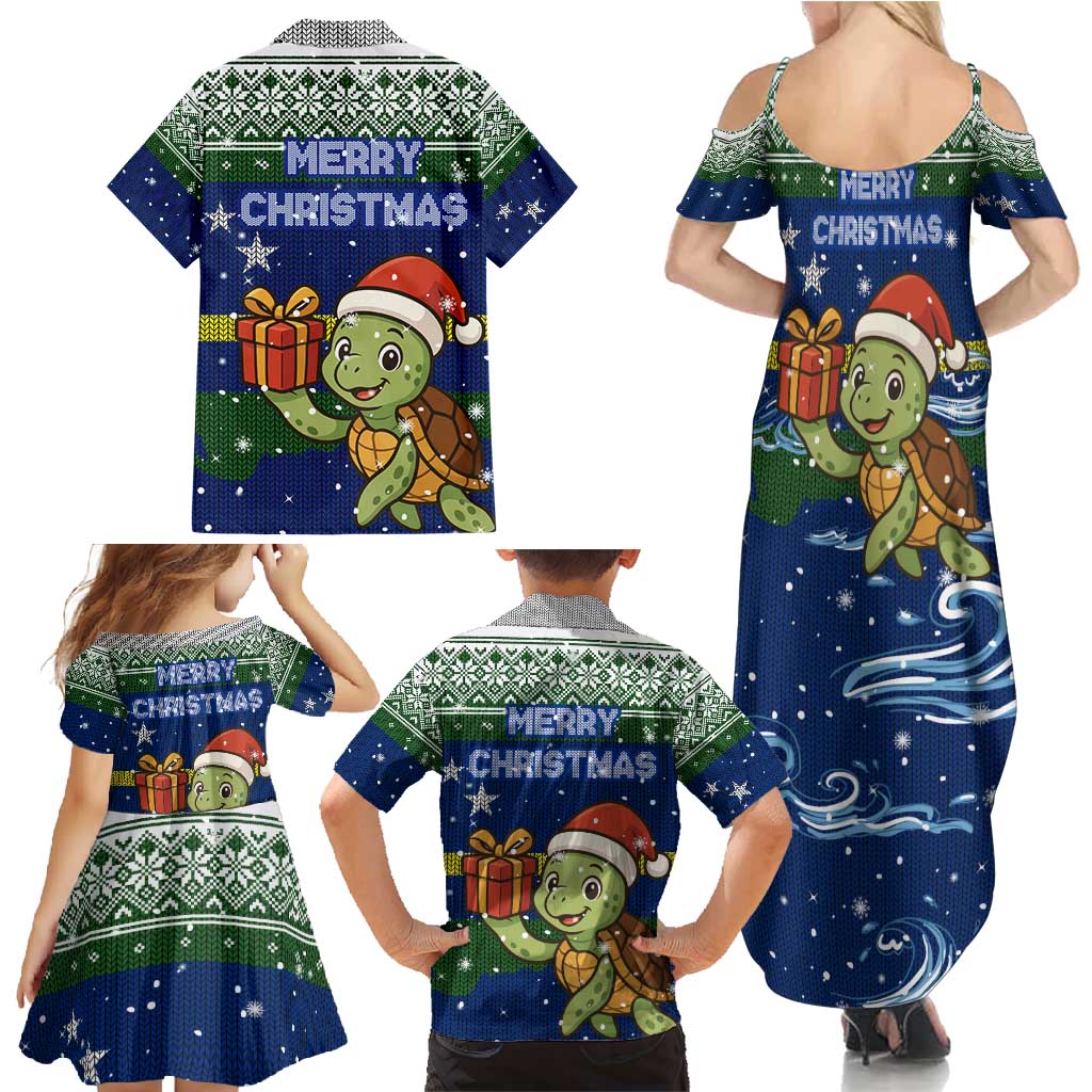 Curacao Christmas Family Matching Summer Maxi Dress and Hawaiian Shirt with Santa Turtle Ocean Waves Snowflakes and Holiday Gift Design - Wonder Print Shop