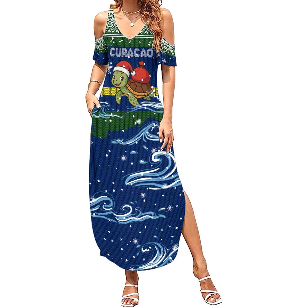 Curacao Christmas Family Matching Summer Maxi Dress and Hawaiian Shirt with Santa Turtle Ocean Waves Snowflakes and Holiday Gift Design - Wonder Print Shop