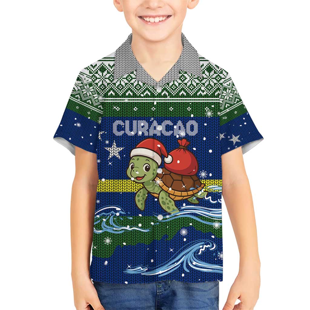 Curacao Christmas Family Matching Summer Maxi Dress and Hawaiian Shirt with Santa Turtle Ocean Waves Snowflakes and Holiday Gift Design - Wonder Print Shop