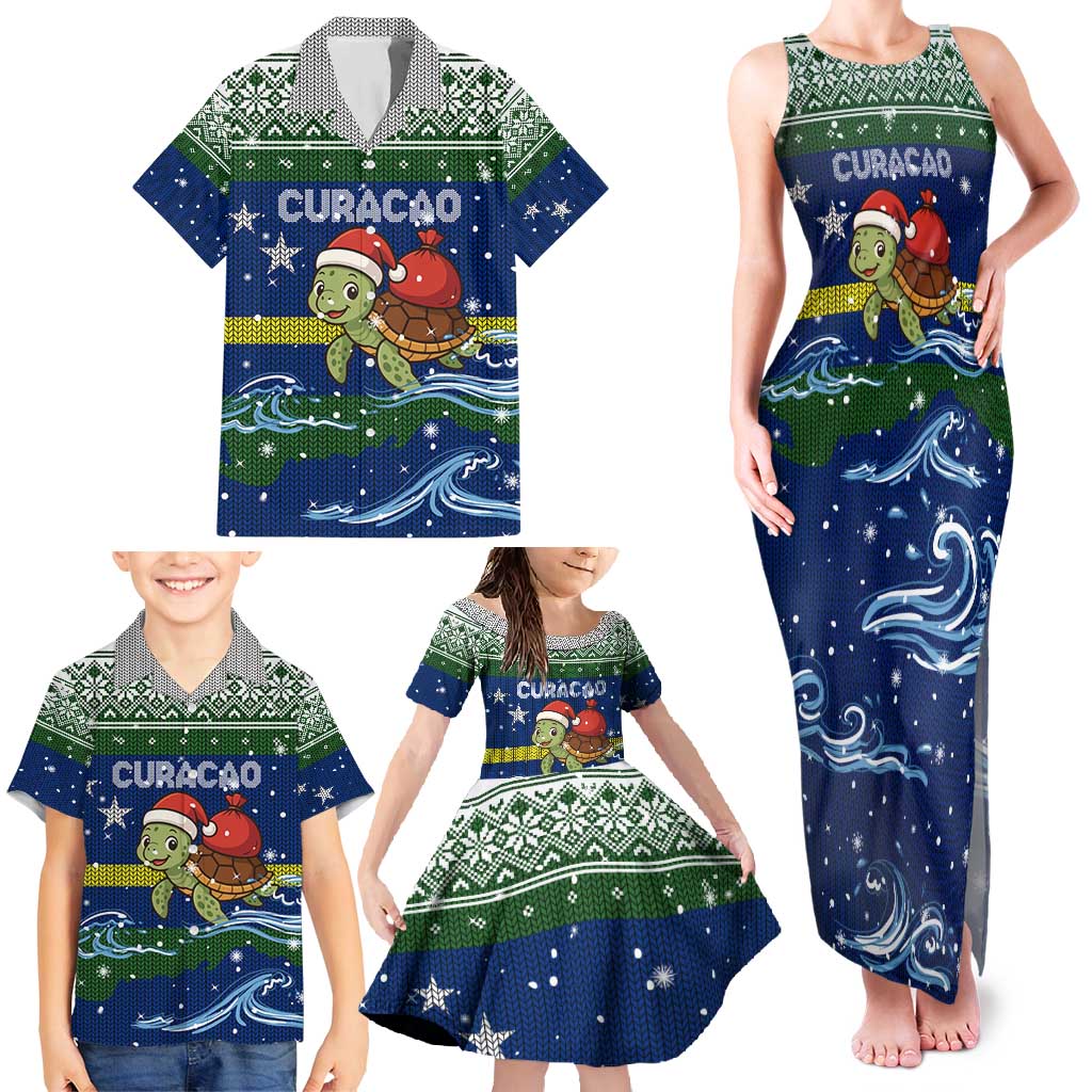 Curacao Christmas Family Matching Tank Maxi Dress and Hawaiian Shirt with Santa Turtle Ocean Waves Snowflakes and Holiday Gift Design - Wonder Print Shop