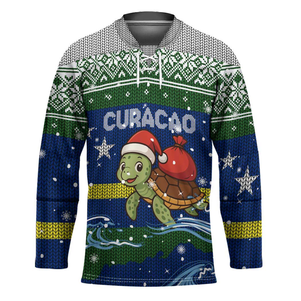 Curacao Christmas Hockey Jersey with Santa Turtle Ocean Waves Snowflakes and Holiday Gift Design - Wonder Print Shop
