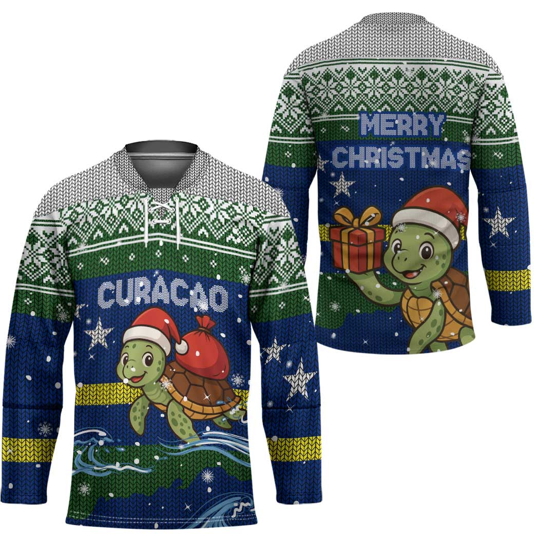 Curacao Christmas Hockey Jersey with Santa Turtle Ocean Waves Snowflakes and Holiday Gift Design - Wonder Print Shop