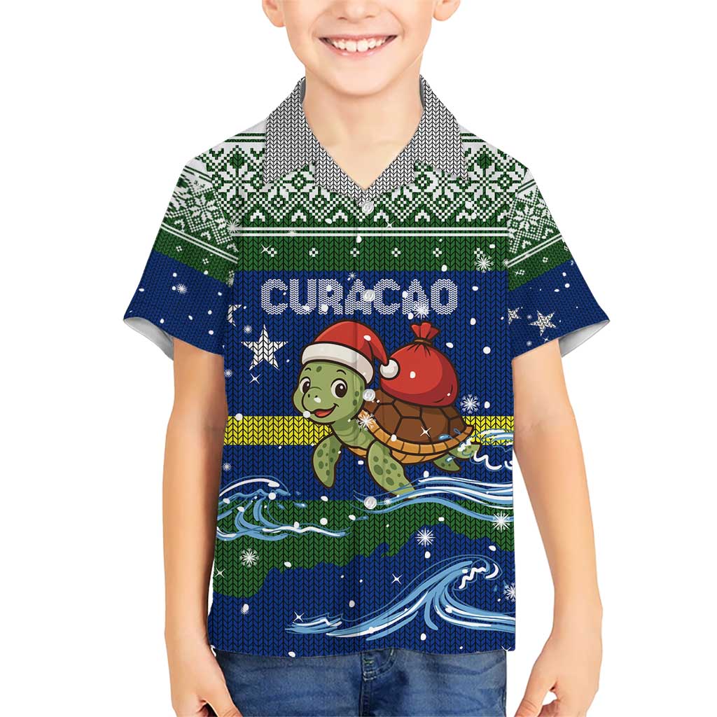 Curacao Christmas Kid Hawaiian Shirt with Santa Turtle Ocean Waves Snowflakes and Holiday Gift Design - Wonder Print Shop