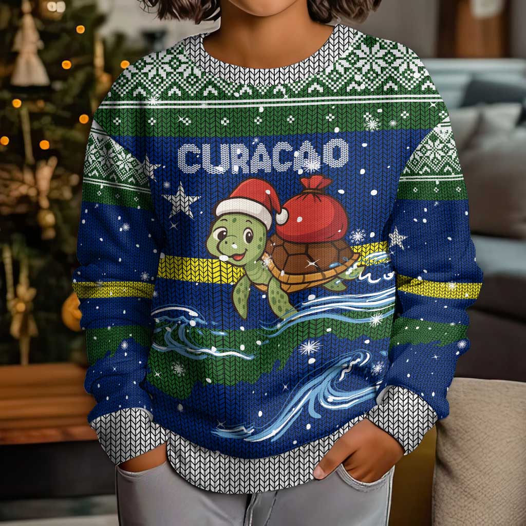 Curacao Christmas Kid Ugly Christmas Sweater with Santa Turtle Ocean Waves Snowflakes and Holiday Gift Design - Wonder Print Shop