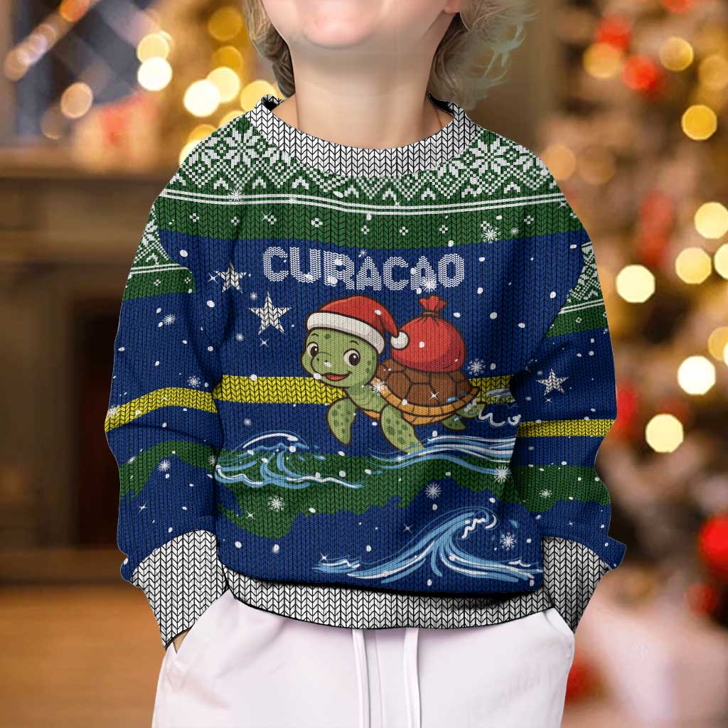 Curacao Christmas Kid Ugly Christmas Sweater with Santa Turtle Ocean Waves Snowflakes and Holiday Gift Design - Wonder Print Shop