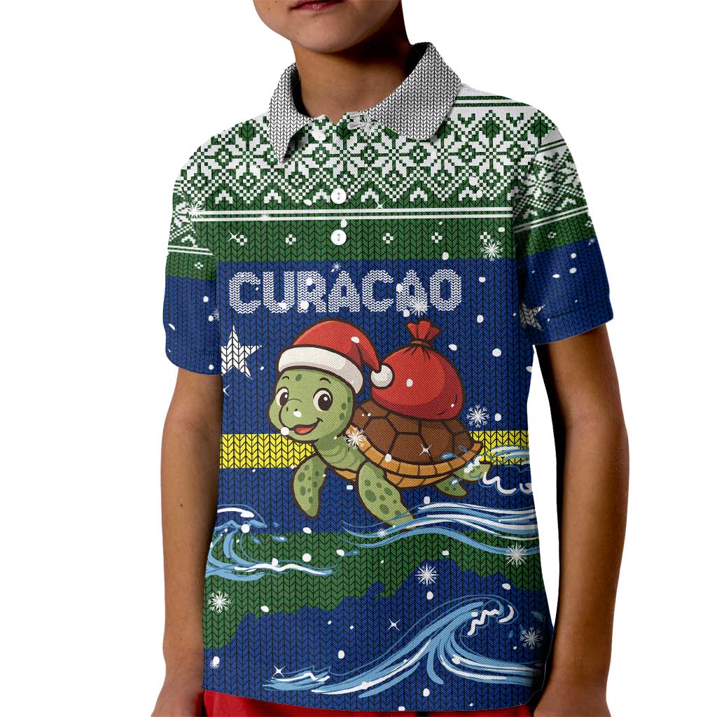 Curacao Christmas Kid Polo Shirt with Santa Turtle Ocean Waves Snowflakes and Holiday Gift Design - Wonder Print Shop