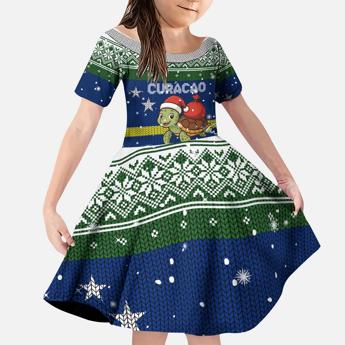 Curacao Christmas Kid Short Sleeve Dress with Santa Turtle Ocean Waves Snowflakes and Holiday Gift Design - Wonder Print Shop