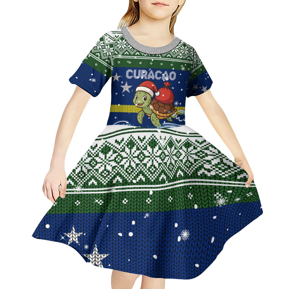 Curacao Christmas Kid Short Sleeve Dress with Santa Turtle Ocean Waves Snowflakes and Holiday Gift Design - Wonder Print Shop