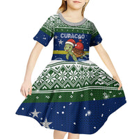 Curacao Christmas Kid Short Sleeve Dress with Santa Turtle Ocean Waves Snowflakes and Holiday Gift Design - Wonder Print Shop