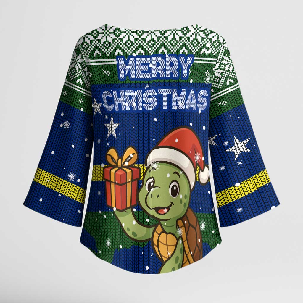 Curacao Christmas Kimono Sleeve Blouse with Santa Turtle Ocean Waves Snowflakes and Holiday Gift Design - Wonder Print Shop