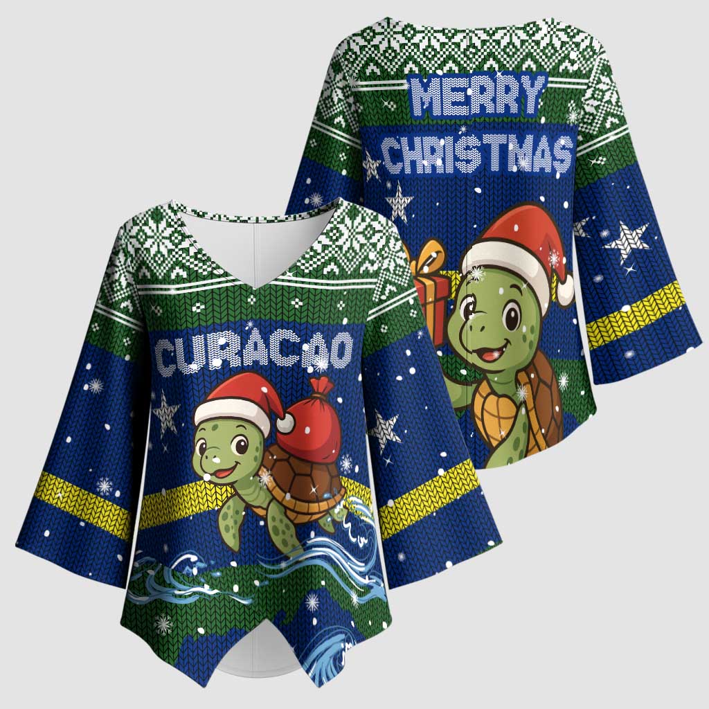 Curacao Christmas Kimono Sleeve Blouse with Santa Turtle Ocean Waves Snowflakes and Holiday Gift Design - Wonder Print Shop